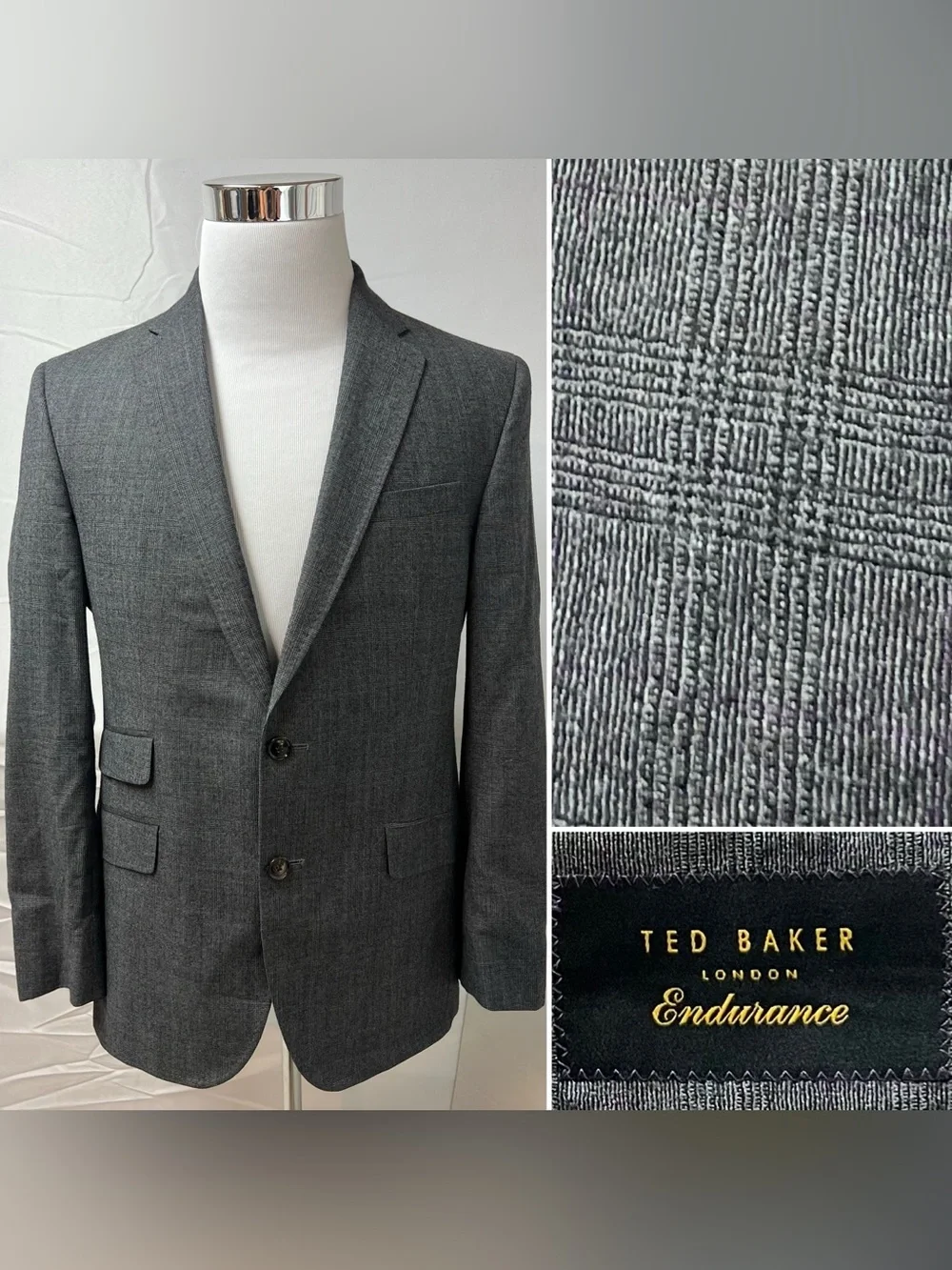 Ted Baker Endurance Men's 40S Slim Fit Gray Purple Plaid Wool Blazer Jacket